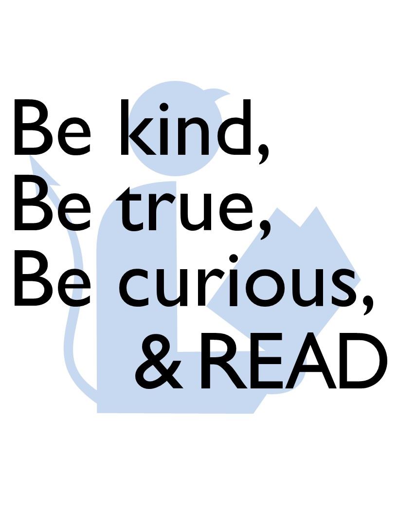 Motto "Be kind, Be true, Be curious, and read" over stylized Blue Devil reading an open book